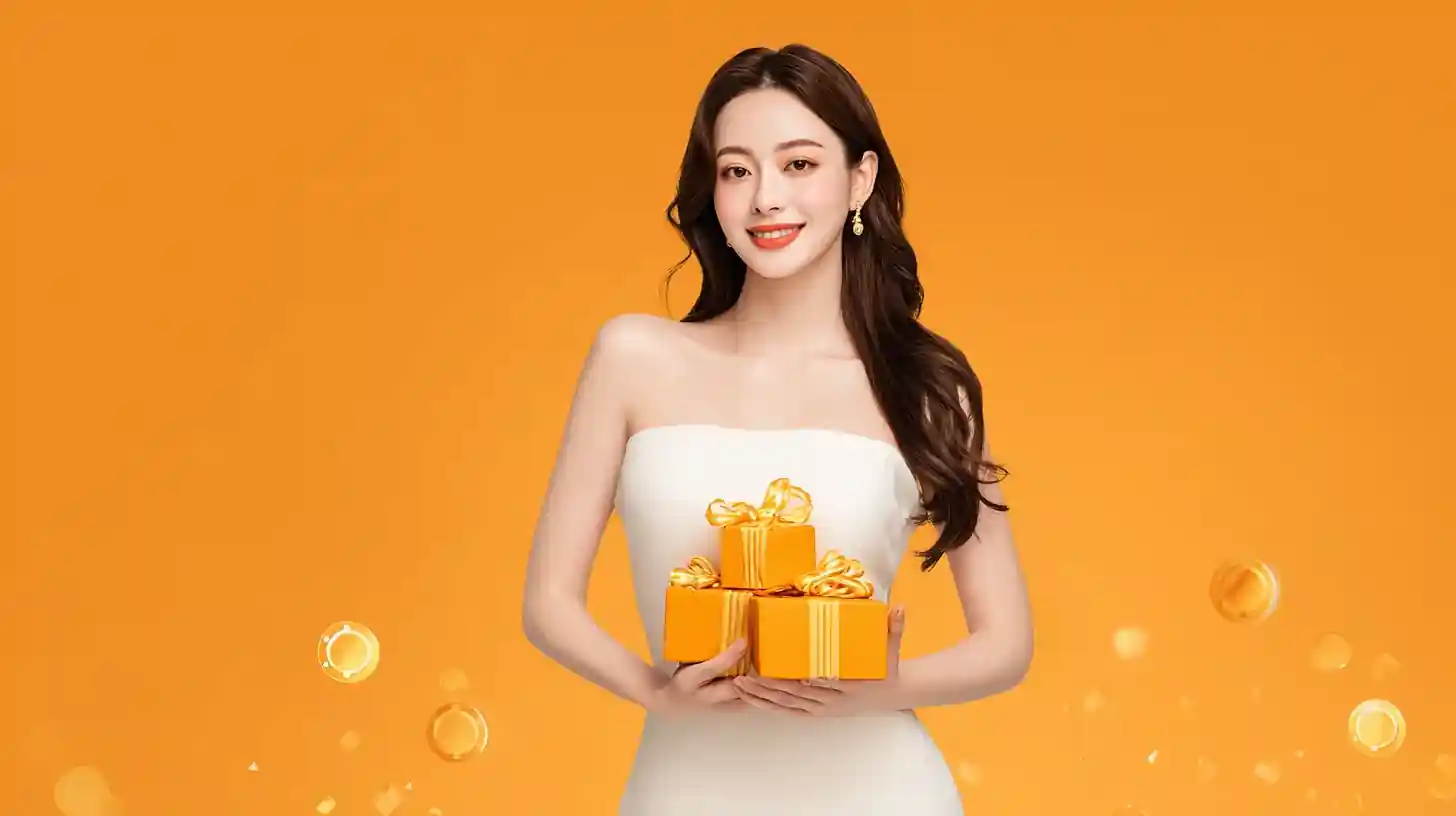 ผู้หญิงสวยถือกล่องของขวัญในพื้นหลังสีส้มในประเทศไทย