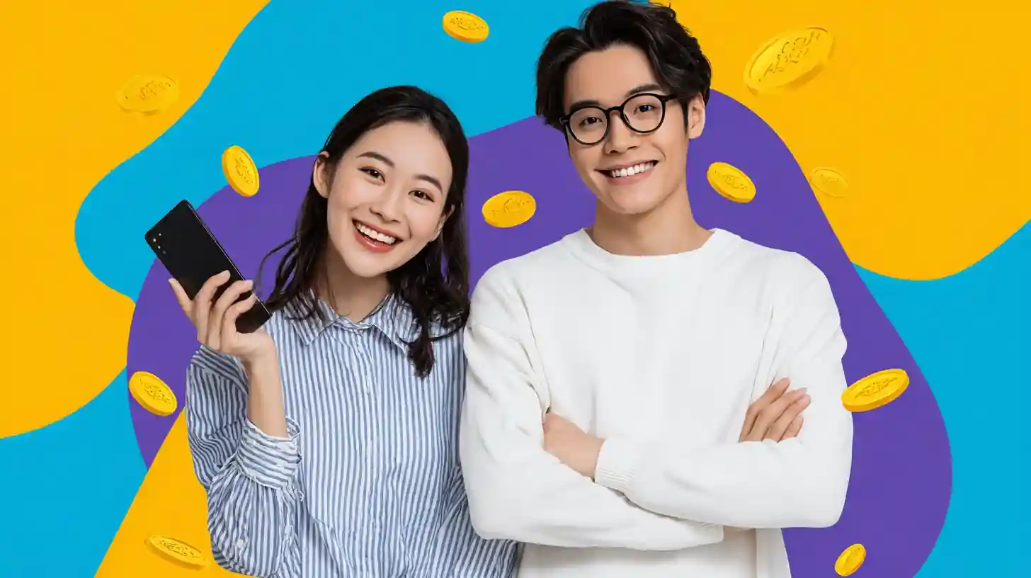 คู่หนุ่มสาวแสดงความสุขกับเหรียญทองรอบตัวในประเทศไทย