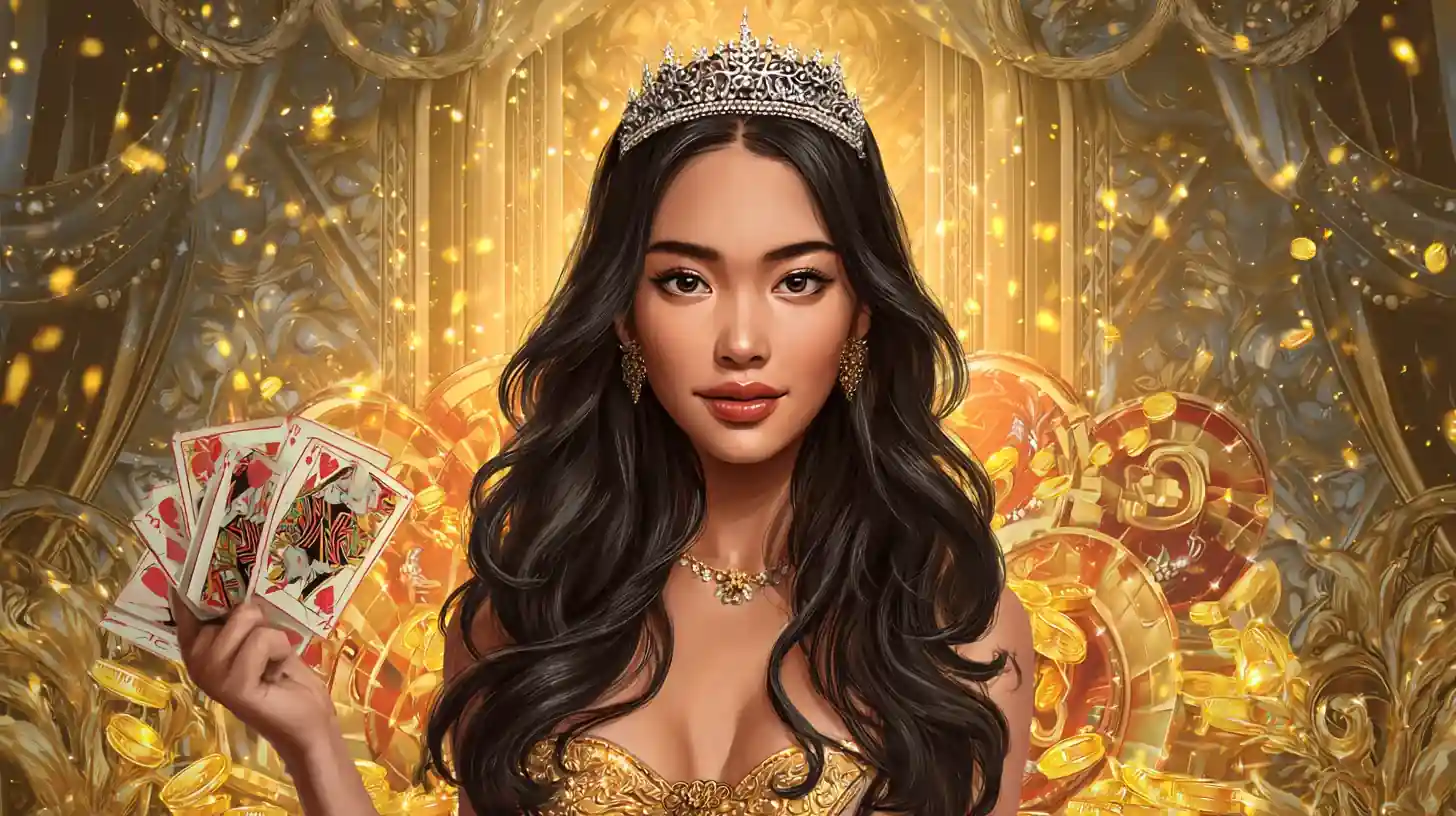 ผู้หญิงใส่มงกุฎและถือไพ่ในฉากคาสิโนสดในไทย